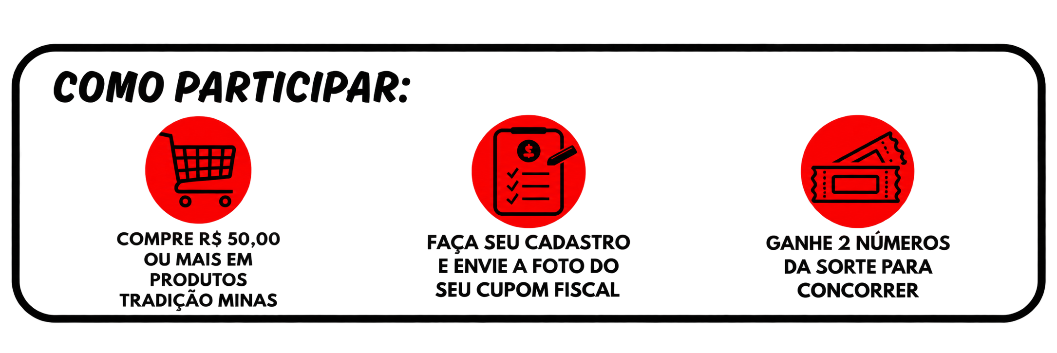 Como Participar - Comprou R$ 50,00 em um dos produtos Tradição Minas Pop Cheese e/ou Queijitos do Céu Ganhe 2 números da sorte!